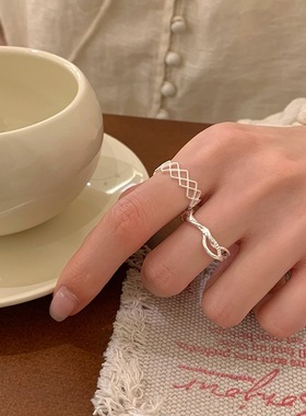 一恋简约几何网格戒指女百搭叠戴线条缠绕开口指环ins风小清新食