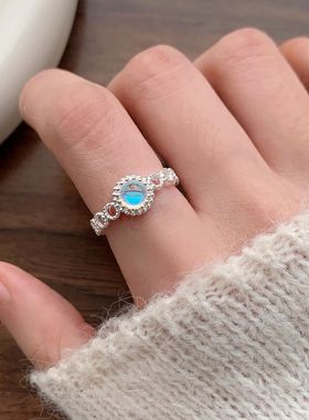 一恋几何网格戒指女甜美时尚百搭叠戴气质蓝色开口指环ins风食指