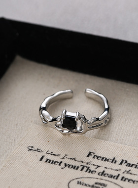 一恋几何熔岩不规则戒指女黑色锆石个性百搭开口指环食指