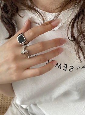 韩版s925黑色方形几何戒指女复古