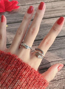 一恋日韩简约光面开口戒指女时尚复古麻花个性锁链条食指