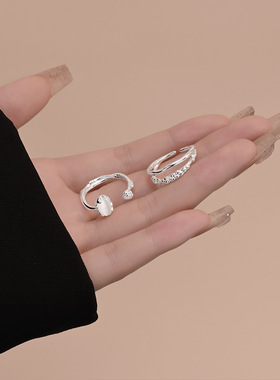一恋白色微镶锆石戒指女简约双层不规则S925银叠戴开口指环气质食