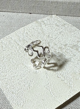 足银999心心相印心形镂空戒指女可调节开口食指戒冷淡风百搭戒指