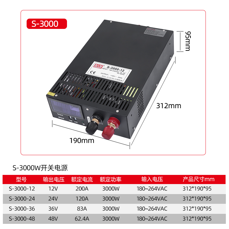 S-3000W高性能大功率开关电源12V24V36V48V可调直流稳压工业
