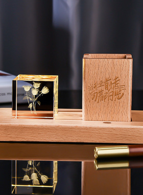 跨境木质发光底座3d内雕水晶块小夜灯星系创意笔筒桌面摆件礼品
