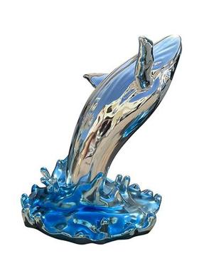 玻璃钢鲸鱼浪花雕塑不锈钢定制创意水景酒店门厅海洋动物摆件装饰