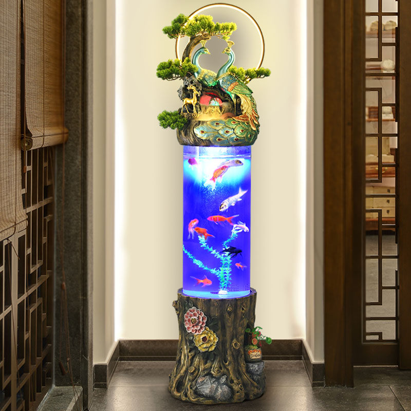 新中式创意流水喷泉水景圆柱形生态超白金鱼缸客厅落地摆件加湿器 - 图3
