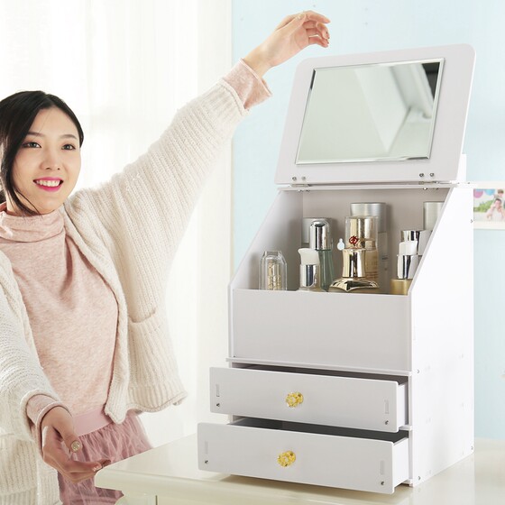 Dustproof Desktop Cosmetics Storage Box Internet Celebrity Dressing Table Skin Care Products with Mirror Storage Box Drawer Cosmetic Case