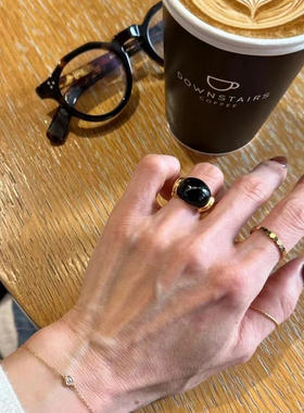 重工大颗黑玛瑙青金石戒指女