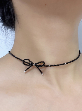 蝴蝶结锁骨链原创设计黑色尖晶石