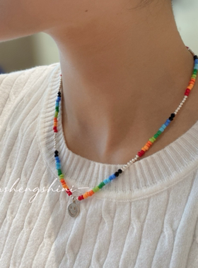 纯银项链女925足银2025新品夏季青春彩色串珠多巴胺饰品轻奢小众