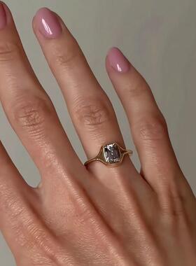 金色方形闪钻戒指女食指戒