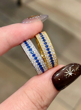 蓝色仿宝石宽面排钻戒指女