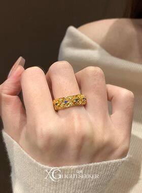 S925纯银重工金色蓝钻戒指女