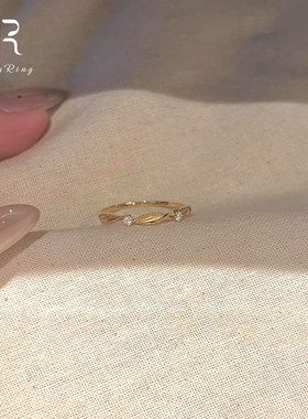 S925纯银金色闪钻波浪戒指女