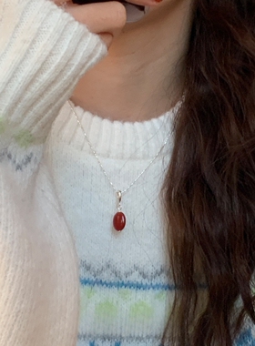 S925纯银简约红色玛瑙吊坠项链女