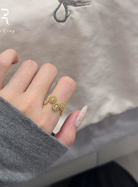 S925纯银金色蕾丝花朵戒指女