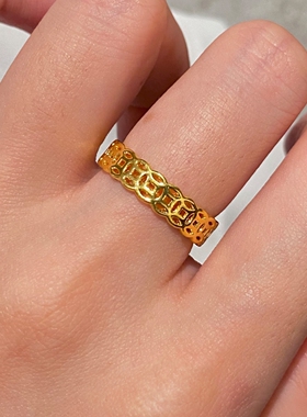 古法拉丝金色碎冰冰钱币戒指女