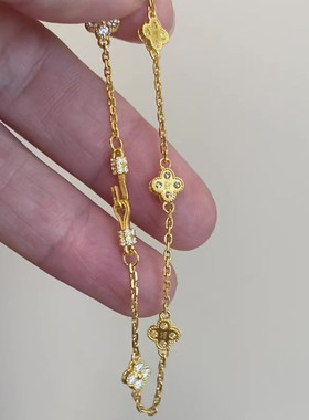 复古金色微镶闪钻四叶花手链女