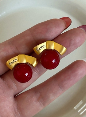 S925纯银精致蝴蝶结红珠耳钉女