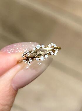 S925纯银金色叶片闪钻戒指女