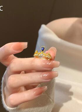 S925纯银金色皇冠闪钻戒指女