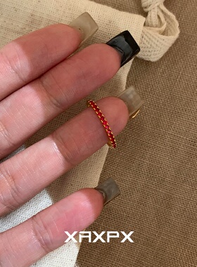 满钻红色宝石极细款素圈戒指女