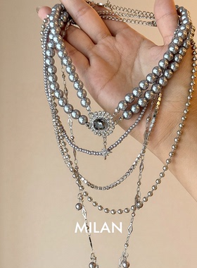 复古灰色仿珍珠多层叠戴项链女