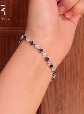 S925纯银蓝白撞色爆闪方钻手链女