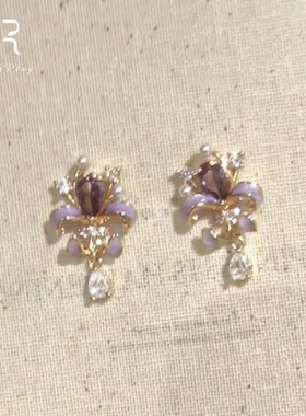 紫色滴釉闪钻鸢尾花耳钉
