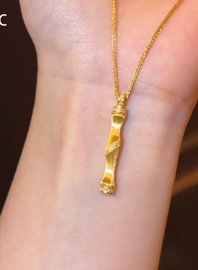 S925纯银镶钻金色竹节吊坠项链女