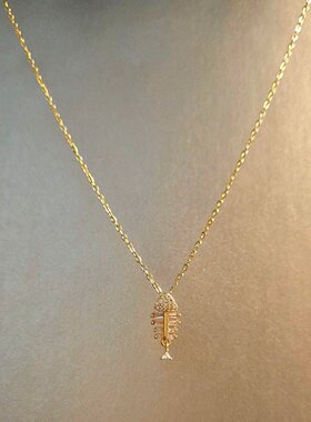 S925纯银金色鱼骨吊坠项链女
