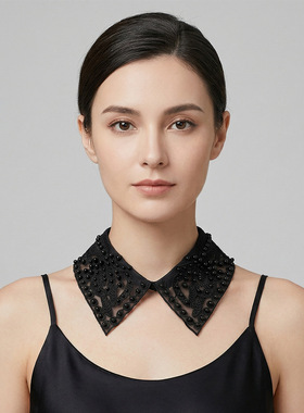 欧美风重工钉珠假领子 女士百搭网纱蕾丝领 时尚毛衣打底衫装饰领