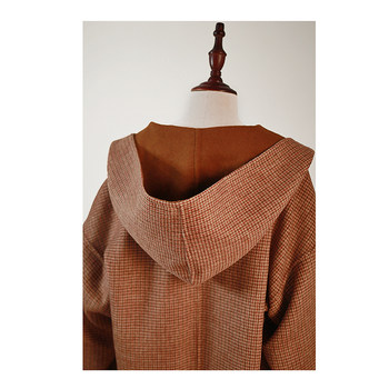 M homemade caramel mousse, high-end silky dark hooded camel coat double-sided cashmere, caramel plaid off-shoulder