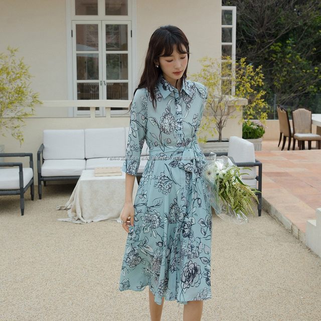 French chiffon dress socialite blue shirt dress