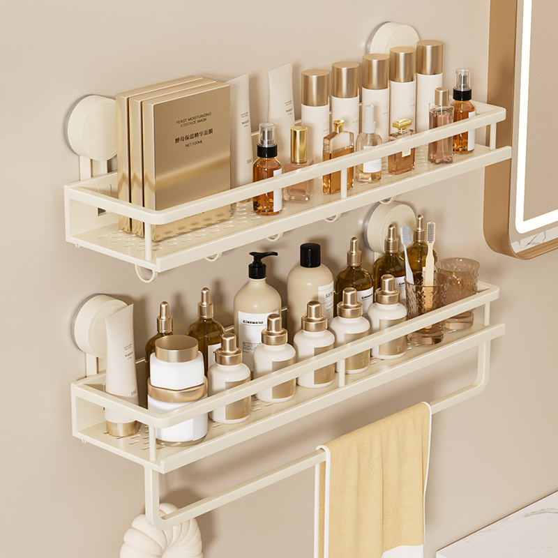 吸盘置物架浴室卫生间免打孔奶油风厕所洗脸池洗漱台墙上收纳架子 - 图0