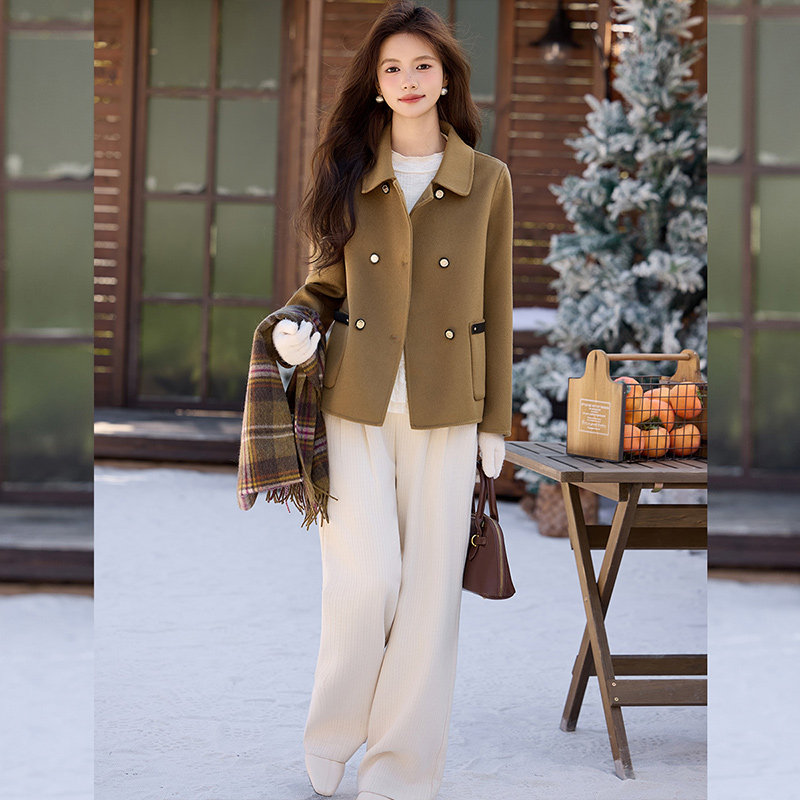 白鹿语100%绵羊毛双面呢大衣冬款全羊毛通勤翻领毛呢外套短上衣女,淘宝优惠券,粉丝福利购,淘宝优惠卷