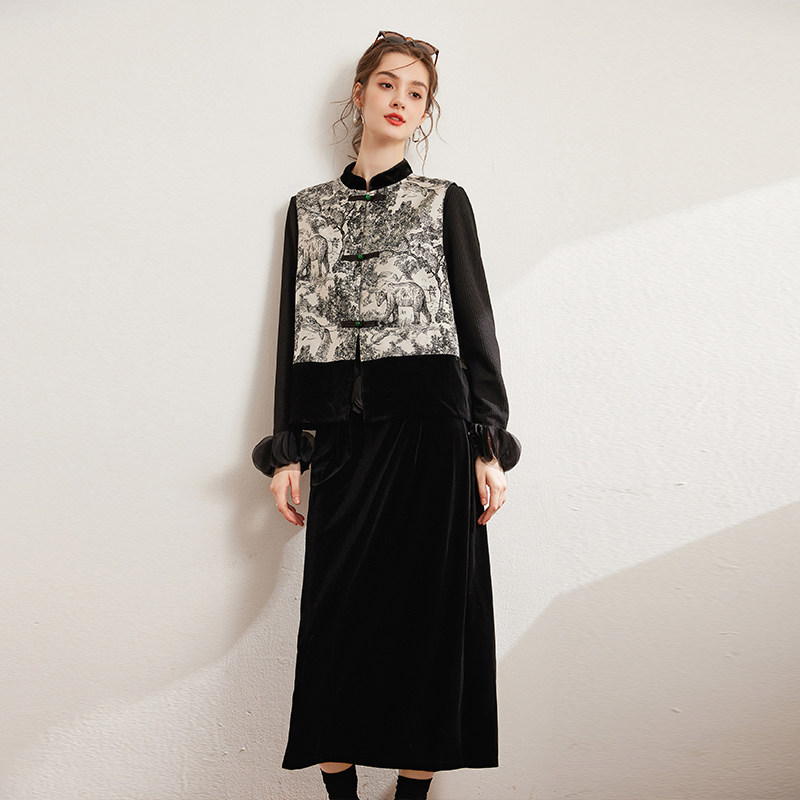 白鹿语国风盘扣时尚三件套秋新款马夹纯色半裙微弹打底套装女,淘宝优惠券,粉丝福利购,淘宝优惠卷