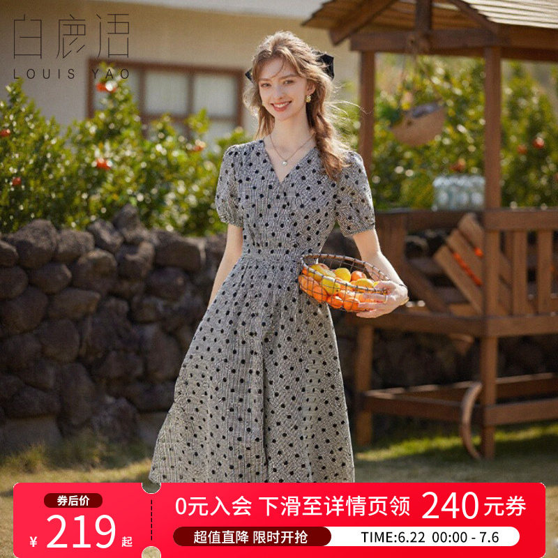 白鹿语泡泡袖波点长裙夏款复古时尚V领无弹长款收腰连衣裙