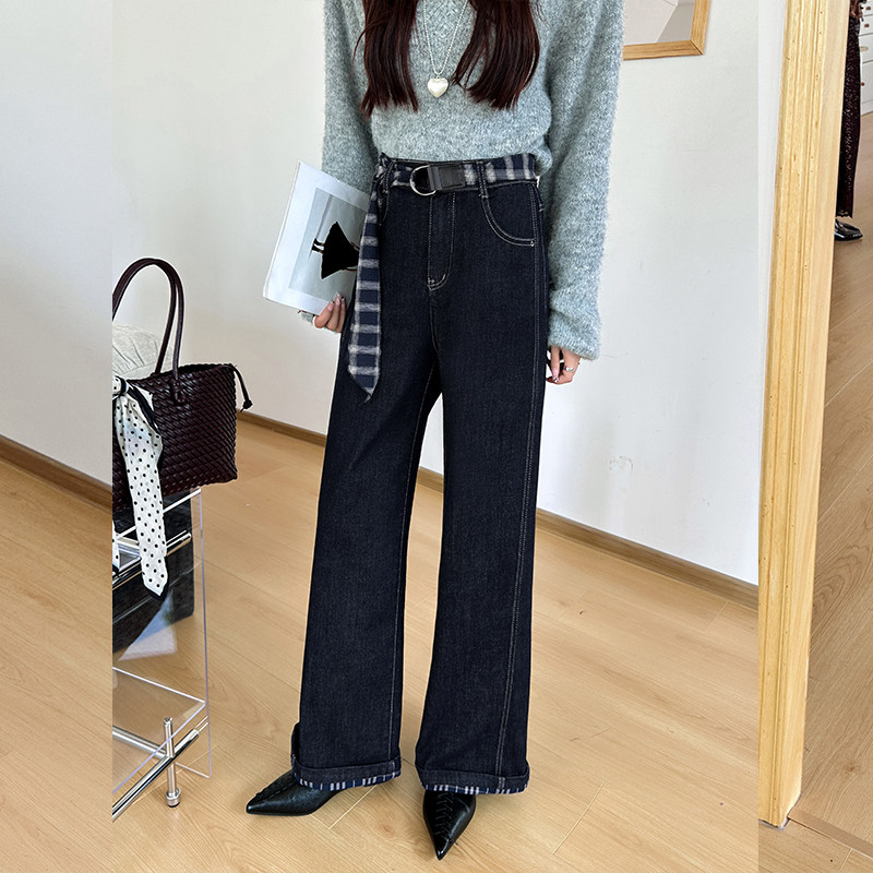 白鹿语复古格纹腰带牛仔裤25秋新款高腰显瘦百搭直筒阔腿拖地长裤,淘宝优惠券,粉丝福利购,淘宝优惠卷