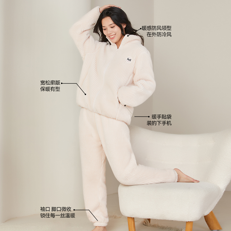 猫人珊瑚绒情侣睡衣冬季女款加绒加厚男士可外穿法兰绒家居服套装