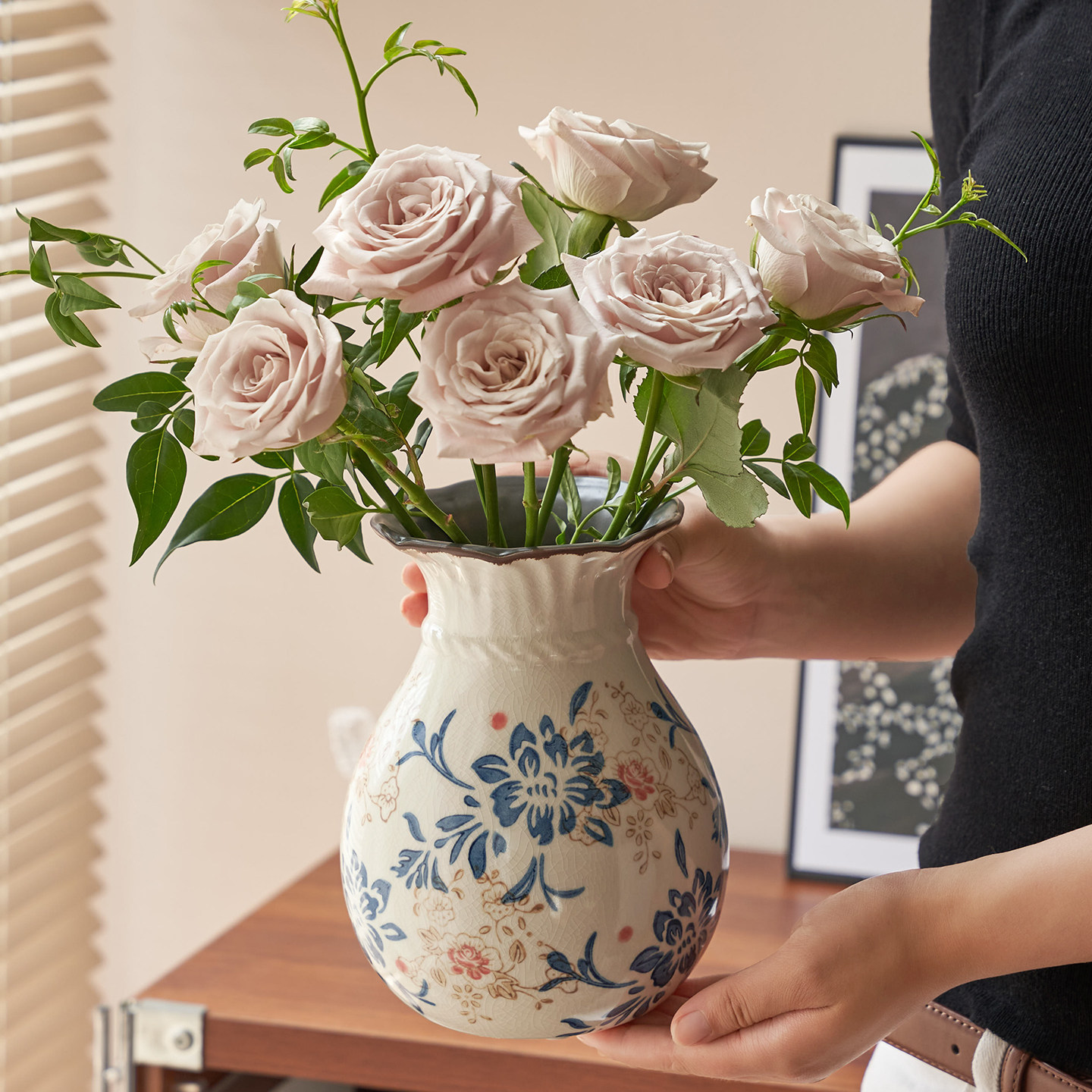 高级感摆件新中式复古陶瓷花瓶家居青花瓷客厅水养插花装饰品玄关,淘宝优惠券,粉丝福利购,淘宝优惠卷