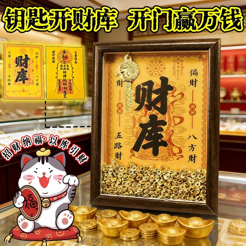 2026年财库摆件相框五路财神黄财神爷福财客厅办公室开财补库钥匙,淘宝优惠券,粉丝福利购,淘宝优惠卷