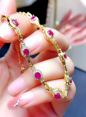 天然红宝石手链高净度颜色鲜艳玫红调款式时尚大气美丽s925银镶嵌