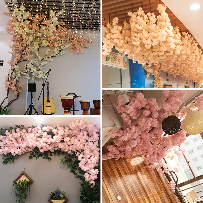 仿真樱花树枝桃花假花藤条室内客厅吊顶装饰空调管道大型网红墙