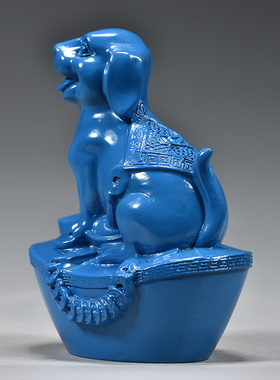 蓝色木质小狗狗摆件实木雕刻十二生肖木头狗吉祥物装饰木制工艺品