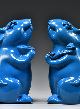 蓝色实木质老鼠摆件木头雕刻