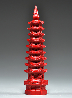 红色桃木质雕刻9层文昌塔摆件