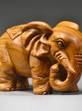 香樟木雕大象摆件家居办公室玄关装饰一对木象工艺品开业新居送礼