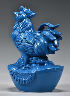 蓝色木雕鸡摆件十二生肖动物装饰